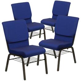 Emma + Oliver - 4 Pack 18.5''W Church Chair with Book Rack - Navy Blue Patterned Fabric/Gold Vein Frame