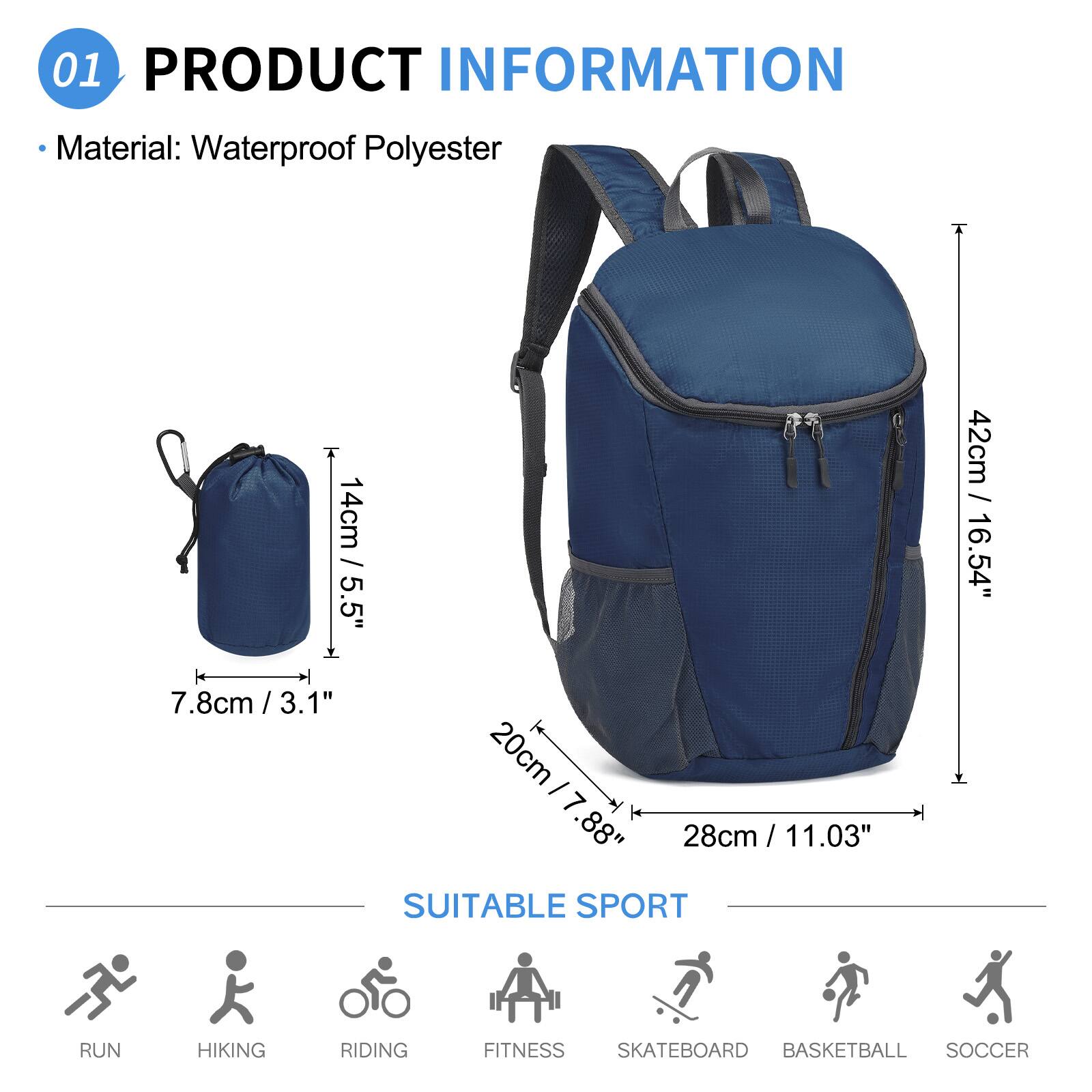 01 PRODUCT INFORMATION  
Material: Waterproof Polyester  
14cm / 5.5"  
7.8cm / 3.1"  
20cm / 7.88"  
28cm / 11.03"  
42cm / 16.54"  

SUITABLE SPORT  
RUN  
HIKING  
RIDING  
FITNESS  
SKATEBOARD  
BASKETBALL  
SOCCER