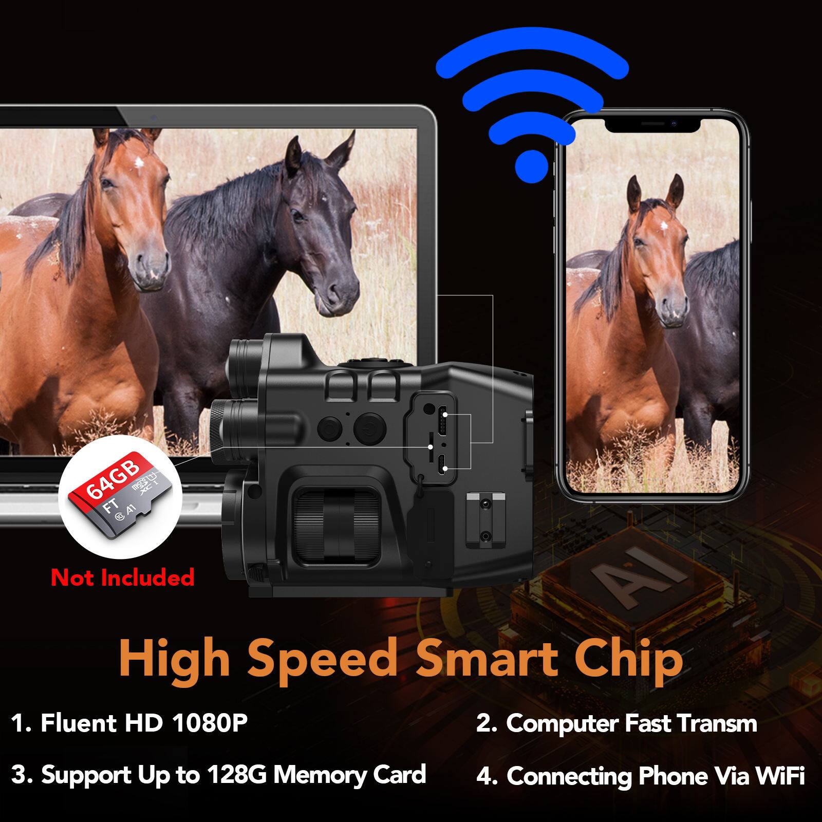 64GB JEFT 4A1 Not Included  
High Speed Smart Chip  
1. Fluent HD 1080P  
2. Computer Fast Transm  
3. Support Up to 128G Memory Card  
4. Connecting Phone Via WiFi