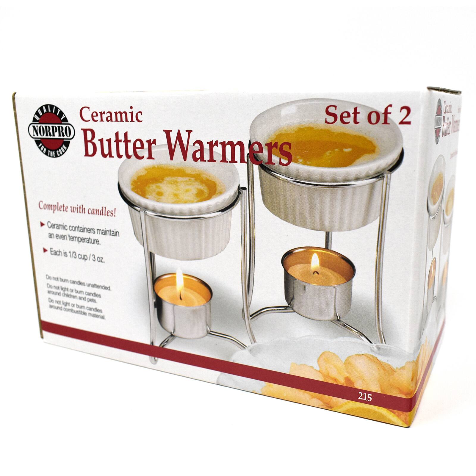 FUALTY Ceramic Set of 2 NORPRO 184 FRE COOK Butter Warmers Imi 12 Complete with candles! Ceramic containers an even maintain temperature. Each is 1/3 cup I 3 OZ. Do not burn candles unattended. Do not light or burn candles around children and pets. Do not light or burn candles around combustible material 215