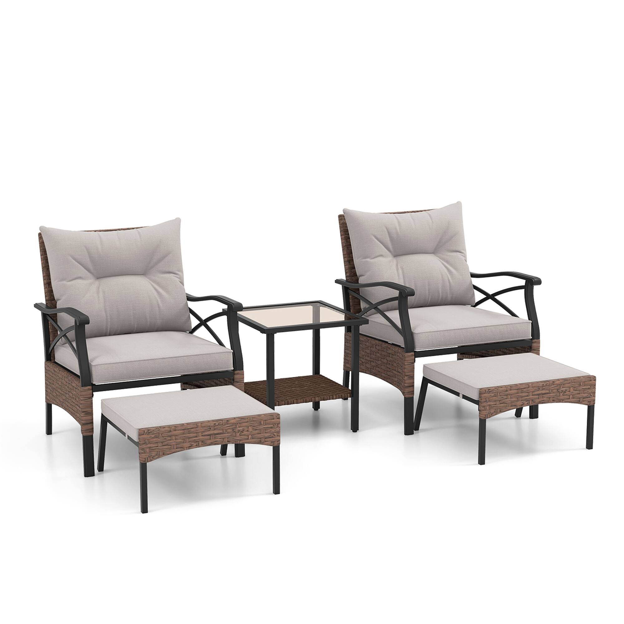 Alt View 9. Gymax - Gymax 5PCS Wicker Patio Furniture Set Rattan Chairs w/ 2-Tier Tempered Glass Side Table - Brown.