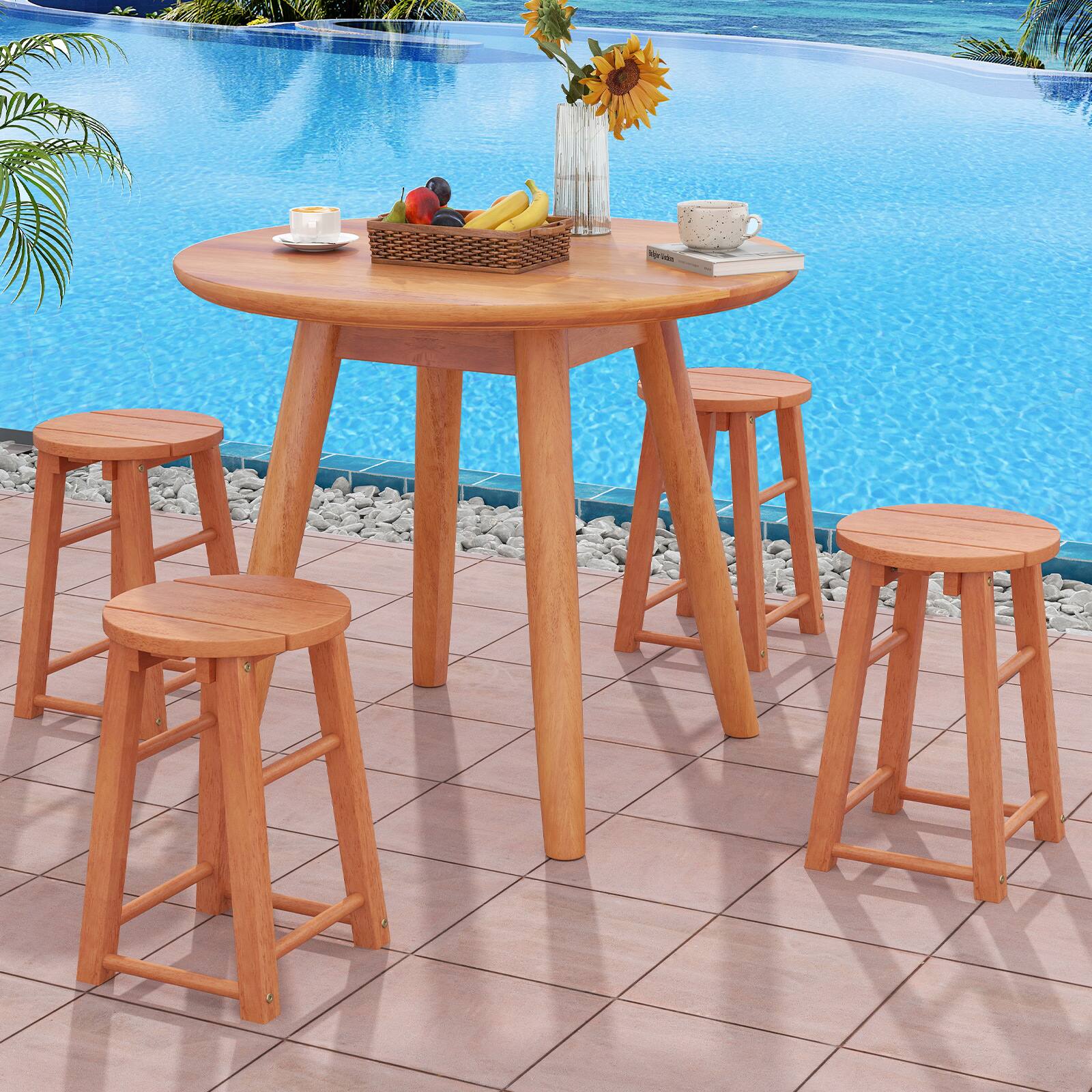 Alt View 3. Gymax - Gymax Outdoor Wood Bar Stools Set of 4 w/Round Seat Footrest Patio Backless Barstools - Natural.