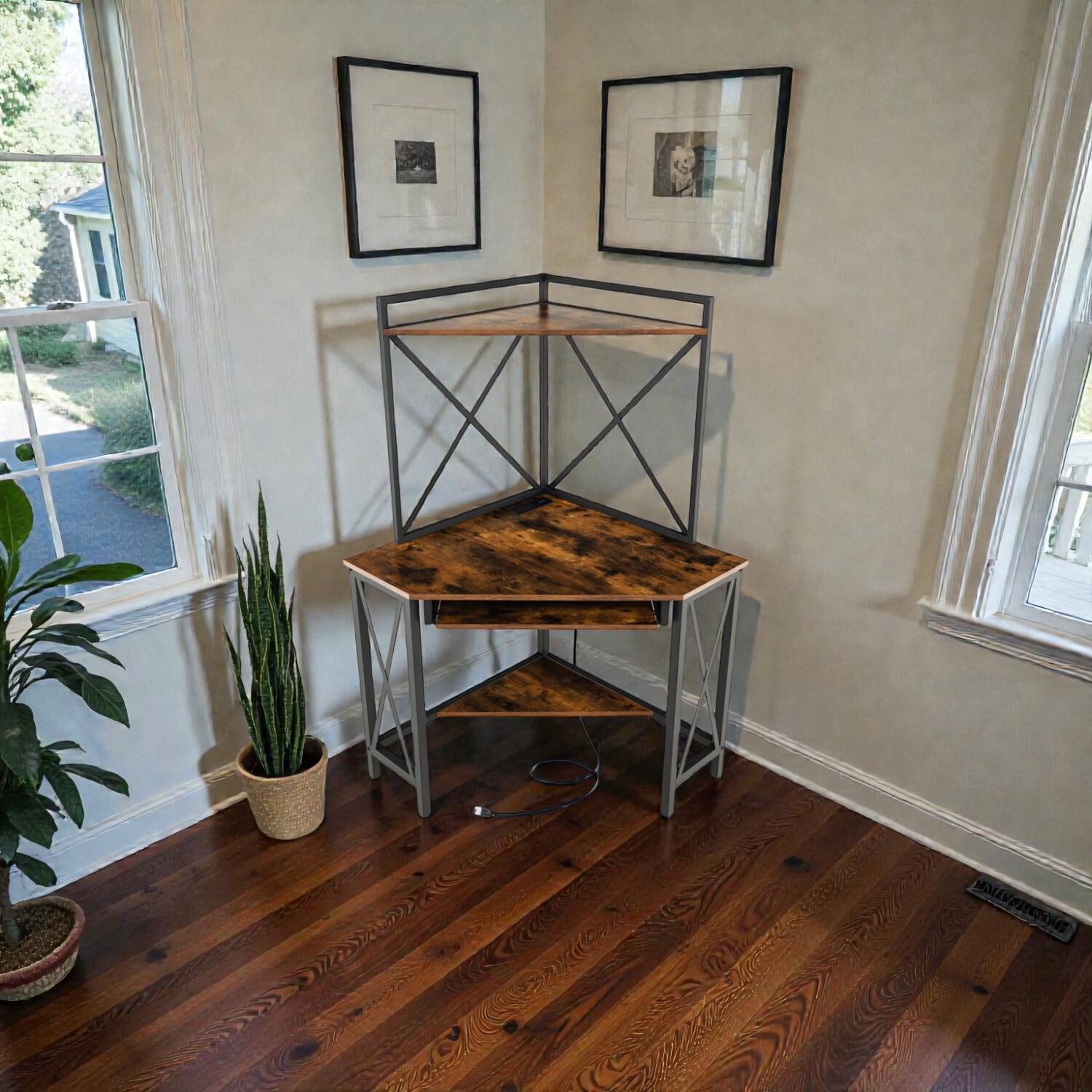 Front. Hivvago - Corner Study Desk with Hutch Storage and Pull-Out Keyboard Tray - Rustic Brown.