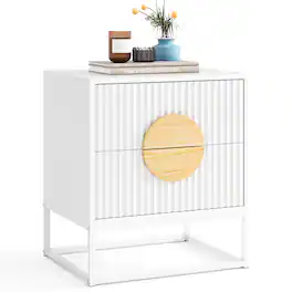 Costway - Fluted Nightstand with 2 Drawers with Pine Wood Handles & Metal Frame for Bedroom - White