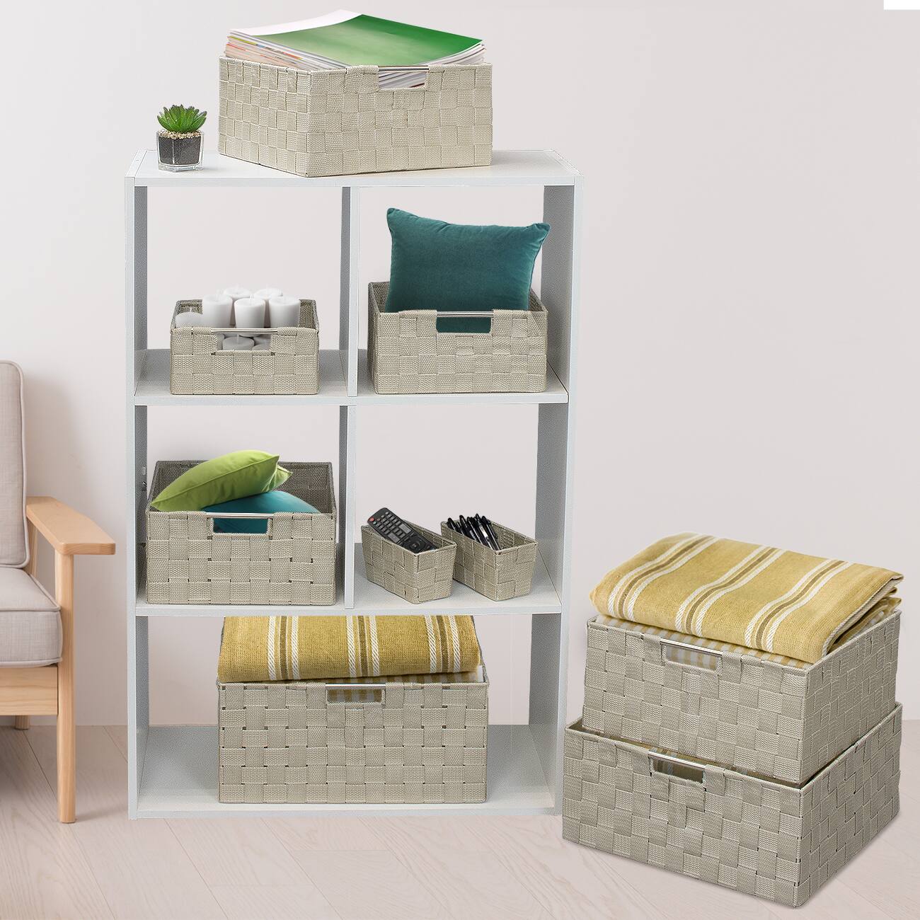 Angle. Sorbus - Weave Basket Bin Set Double Woven (9 Pack) - Beige.