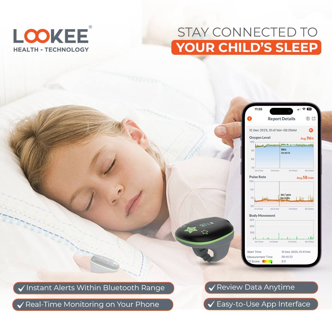 LOOKEE HEALTH - TECHNOLOGY  
STAY CONNECTED TO YOUR CHILD'S SLEEP  

15:26  
al - t Report Details 1  
10 Dec 2025 01:47AM-08:29AM  
Oxygen Level 100 - SEMN Avg 96%  
Pulse Rate Avg 58/min  
Body Movement 300  

Start Time Measurement Time Score  
10 Dec 2025 06:41:32 S.0  

Instant Alerts Within Bluetooth Range  
Real-Time Monitoring on Your Phone  
Review Data Anytime  
Easy-to-Use App Interface