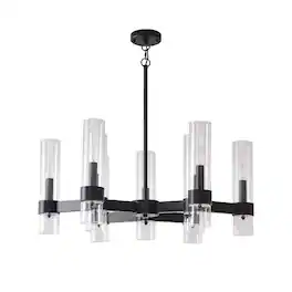 RYHNUYNE - 9-Light Black Farmhouse Chandelier With Clear Cylinder Glass Shades, Modern Farmhouse Pendant Light For Dining Room - balck