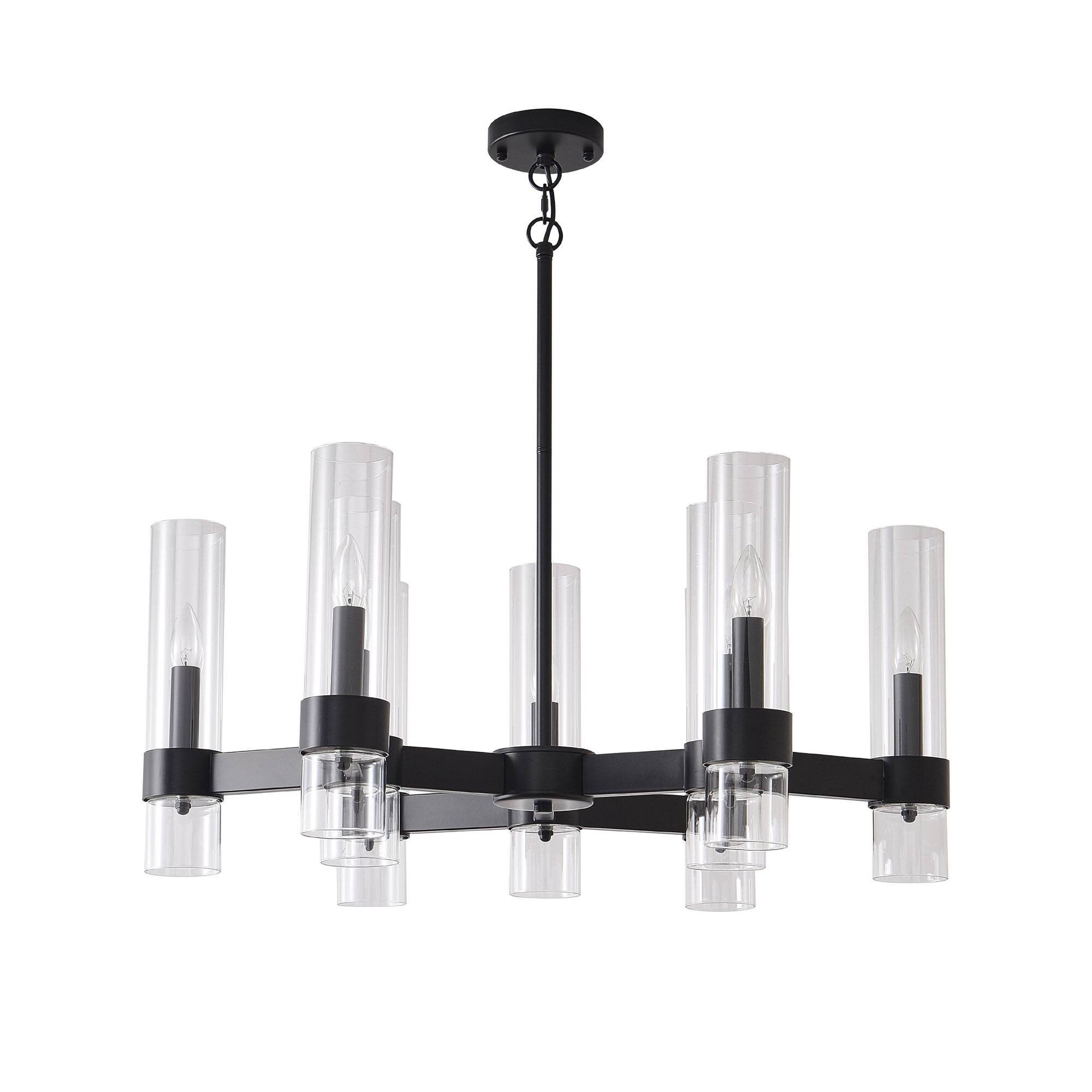 Front. RYHNUYNE - 9-Light Black Farmhouse Chandelier With Clear Cylinder Glass Shades, Modern Farmhouse Pendant Light For Dining Room - balck.