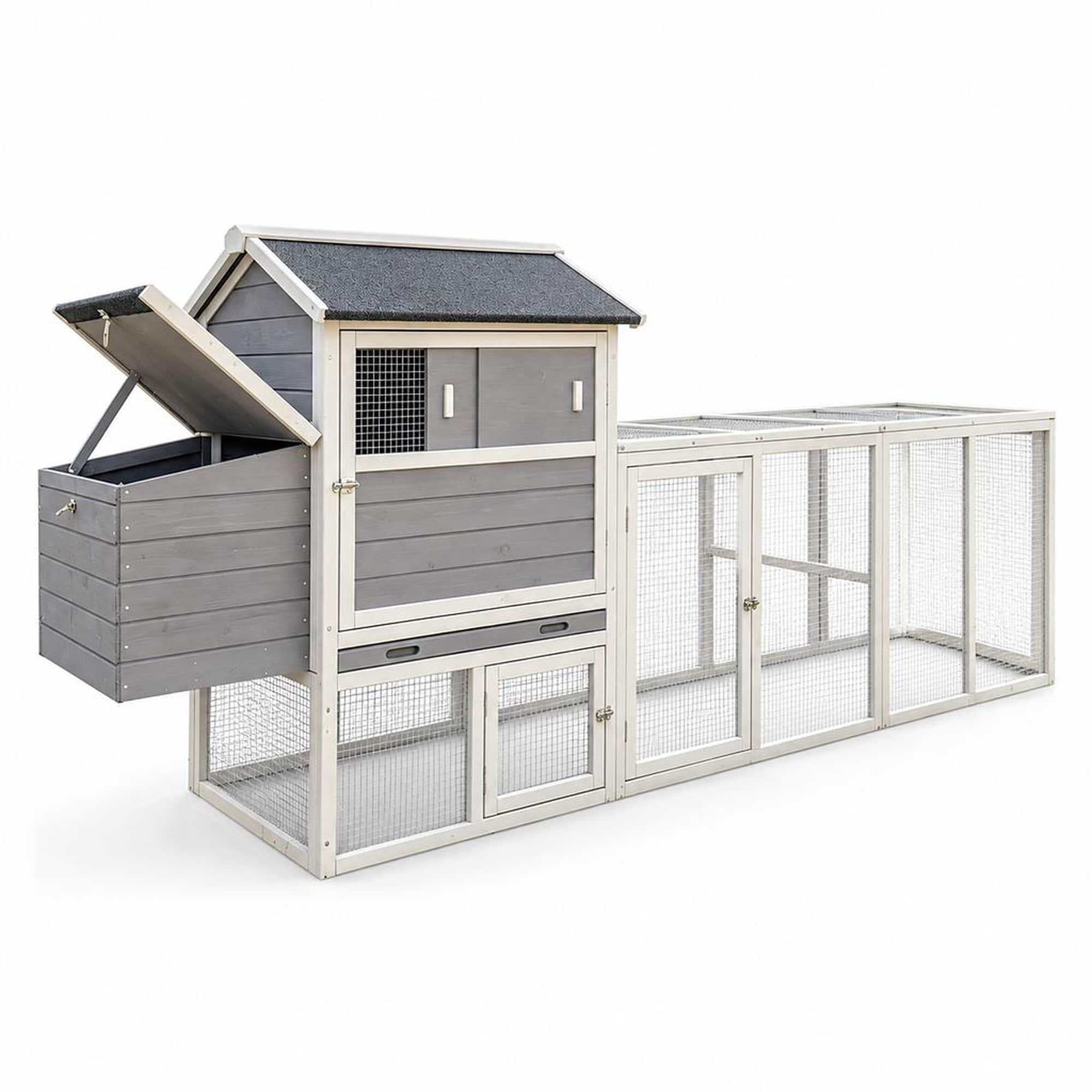 RYHNUYNE - Gray Wooden Chicken Coop, Large Outdoor Hen House, Waterproof Anti-UV Roof, Sliding Door, Nesting Box