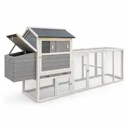 RYHNUYNE - Gray Wooden Chicken Coop, Large Outdoor Hen House, Waterproof Anti-UV Roof, Sliding Door, Nesting Box