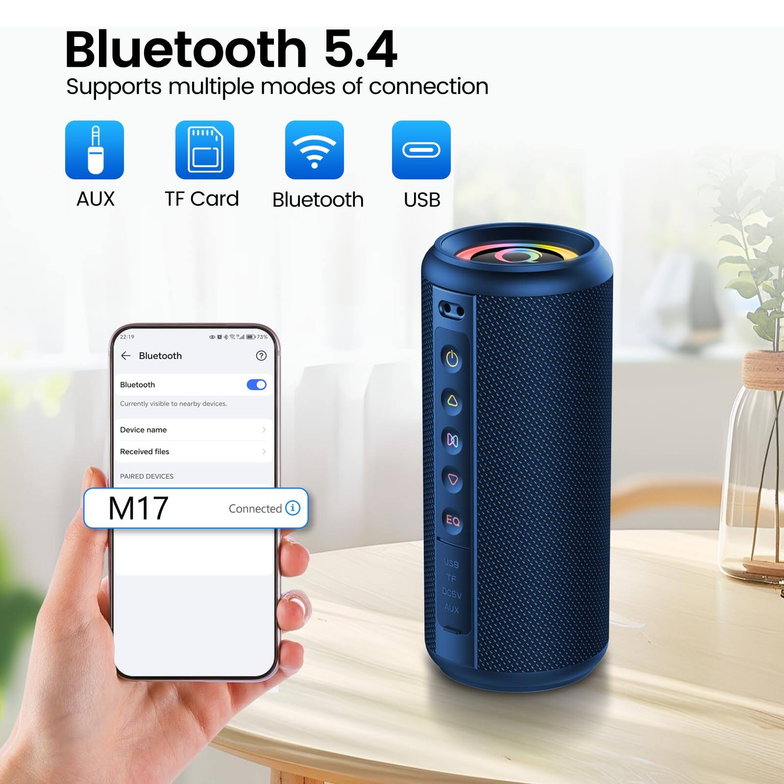 Bluetooth 5.4  
Supports multiple modes of connection  
AUX TF Card Bluetooth USB  

Currently visible to nearby devices  
Device name  
Received files  

PAIRED DEVICES  
M17  
Connected