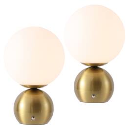 Jonathan Y - Fatima 9.5" Modern Metal Rechargeable Table Lamp Set of 2, with White Glass Globe Shade and Touch Sensor - Brass Gold