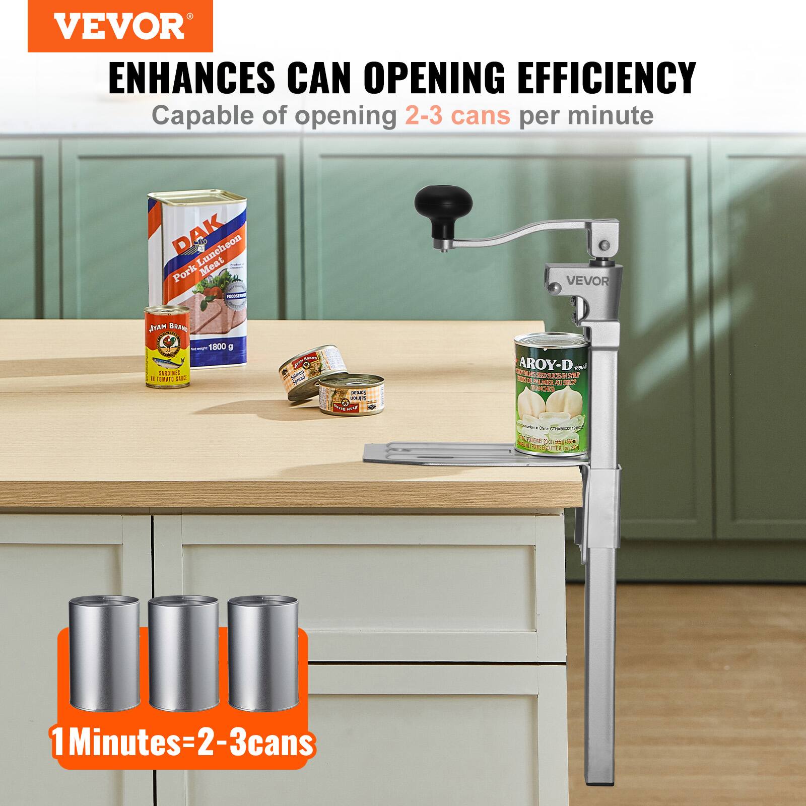 VEVOR  
ENHANCES CAN OPENING EFFICIENCY  
Capable of opening 2-3 cans per minute  

1 Minutes=2-3 cans