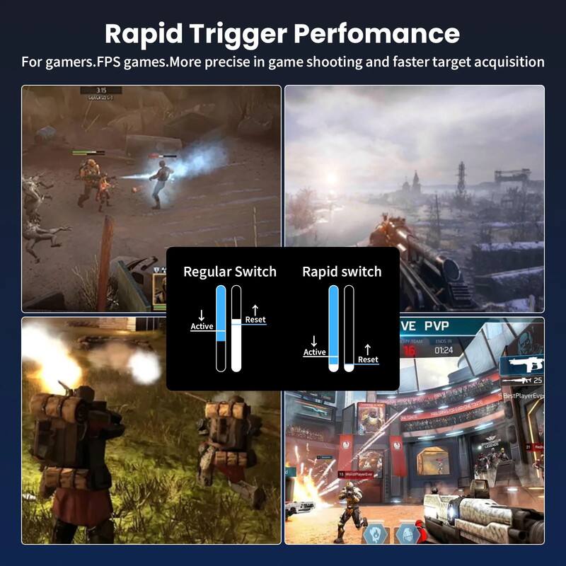 Rapid Trigger Performance  
For gamers. FPS games. More precise in game shooting and faster target acquisition  

Regular Switch  
Rapid switch  

Active Reset  
Active Reset  

VE PVP  
TEAM 16  
ENC  
01:24  
AT 25  
BestPlayerEve