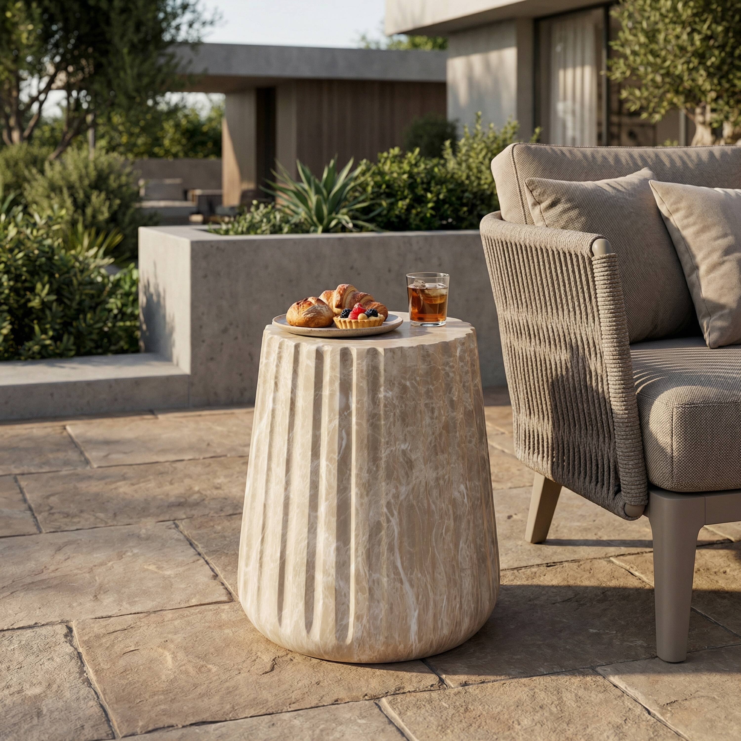 Front. Whisen - Outdoor Carved Side Table, Cylinder Concrete End Table for Patio and Garden - Gold.
