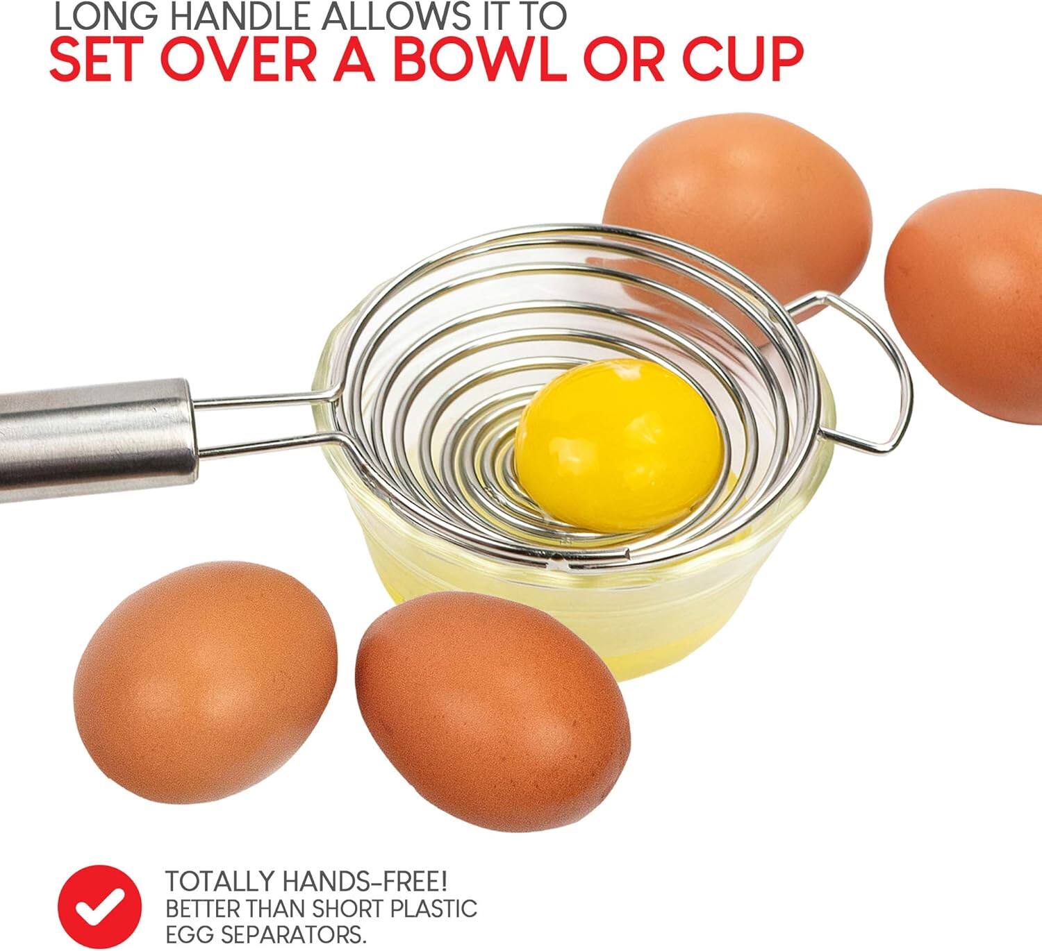 LONG HANDLE ALLOWS IT TO SET OVER A BOWL OR CUP

TOTALLY HANDS-FREE! BETTER THAN SHORT PLASTIC EGG SEPARATORS.