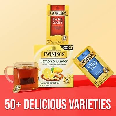 TWININGS EARL GREY  
300 Flavoured Black Tea  
25 VALUE PACK  

TWININGS Lemon & Ginger  
300 Flavoured Herbal Tea  
NITWT 265g  

TWININGS LADY GREY  
300 Flavoured Black Tea  

50+ DELICIOUS VARIETIES