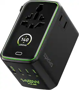 Epicka - Pulse Duo 140W Universal Travel Adapter with Smart Display, International Power Adapter with 3.28ft Cable, 2 AC Outlets - Black