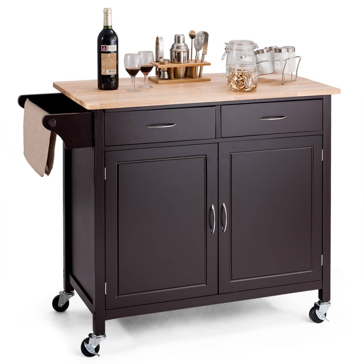 SlickBlue - Rolling Wood Top Kitchen Storage Island with Casters - Brown