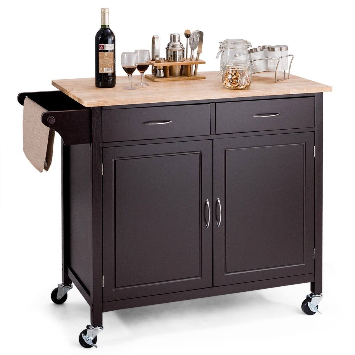 Front. SlickBlue - Rolling Wood Top Kitchen Storage Island with Casters - Brown.