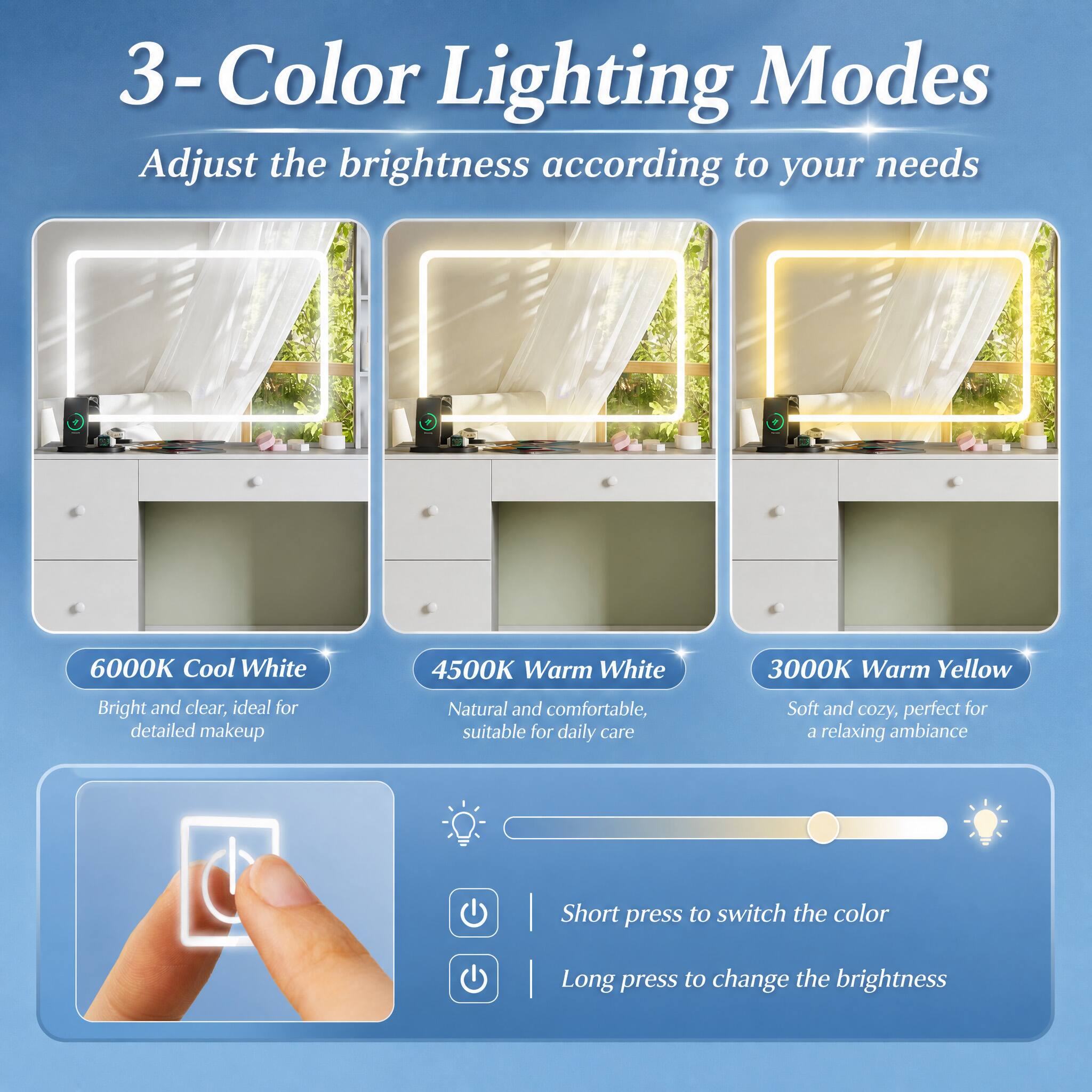 3-Color Lighting Modes  
Adjust the brightness according to your needs

6000K Cool White  
Bright and clear, ideal for detailed makeup

4500K Warm White  
Natural and comfortable, suitable for daily care

3000K Warm Yellow  
Soft and cozy, perfect for a relaxing ambiance

Short press to switch the color  
Long press to change the brightness