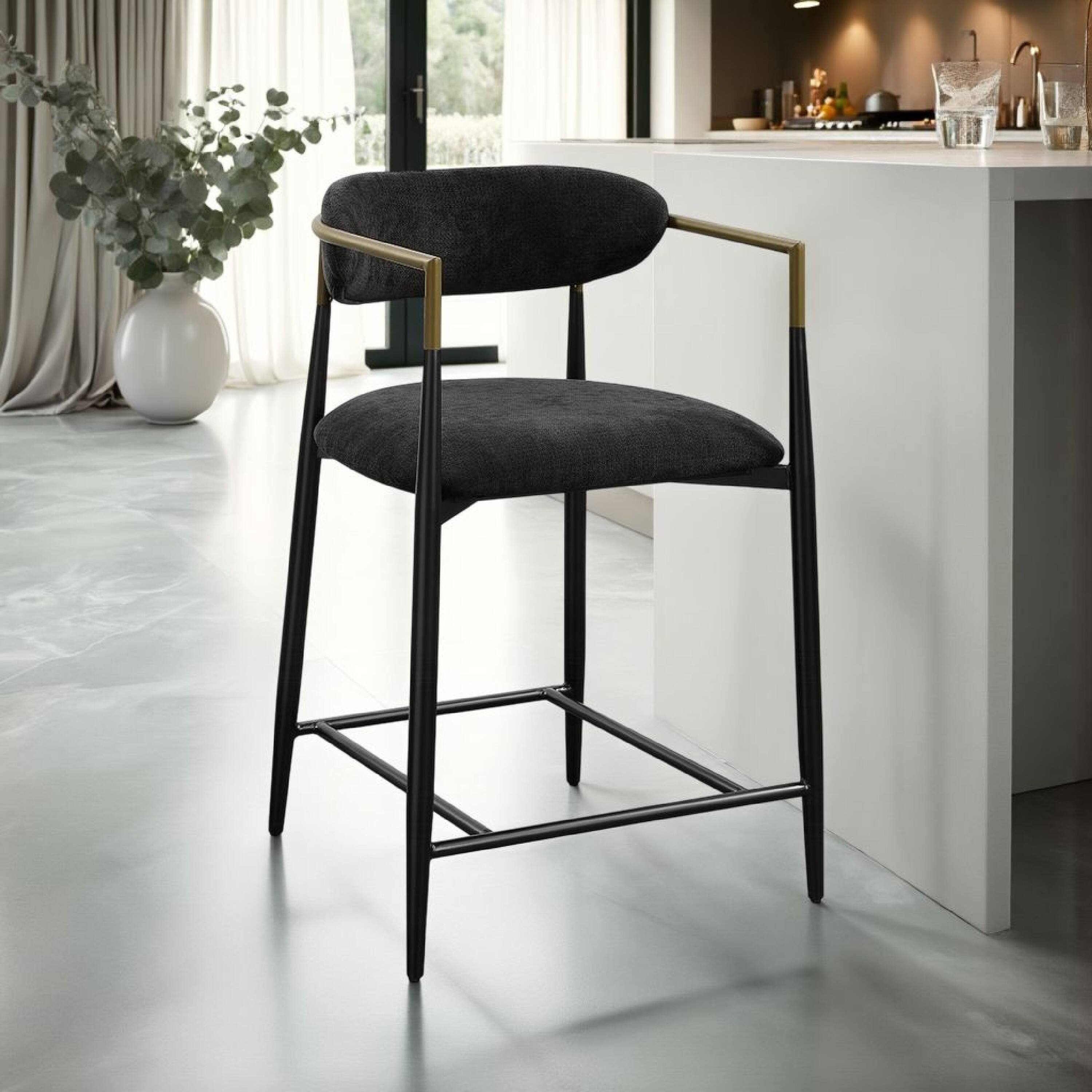 Alt View 5. Manhattan Lane - Vonn 25 Inch Counter Height Chair, Padded Fabric, Black Metal Frame - Black, Antique Brass.