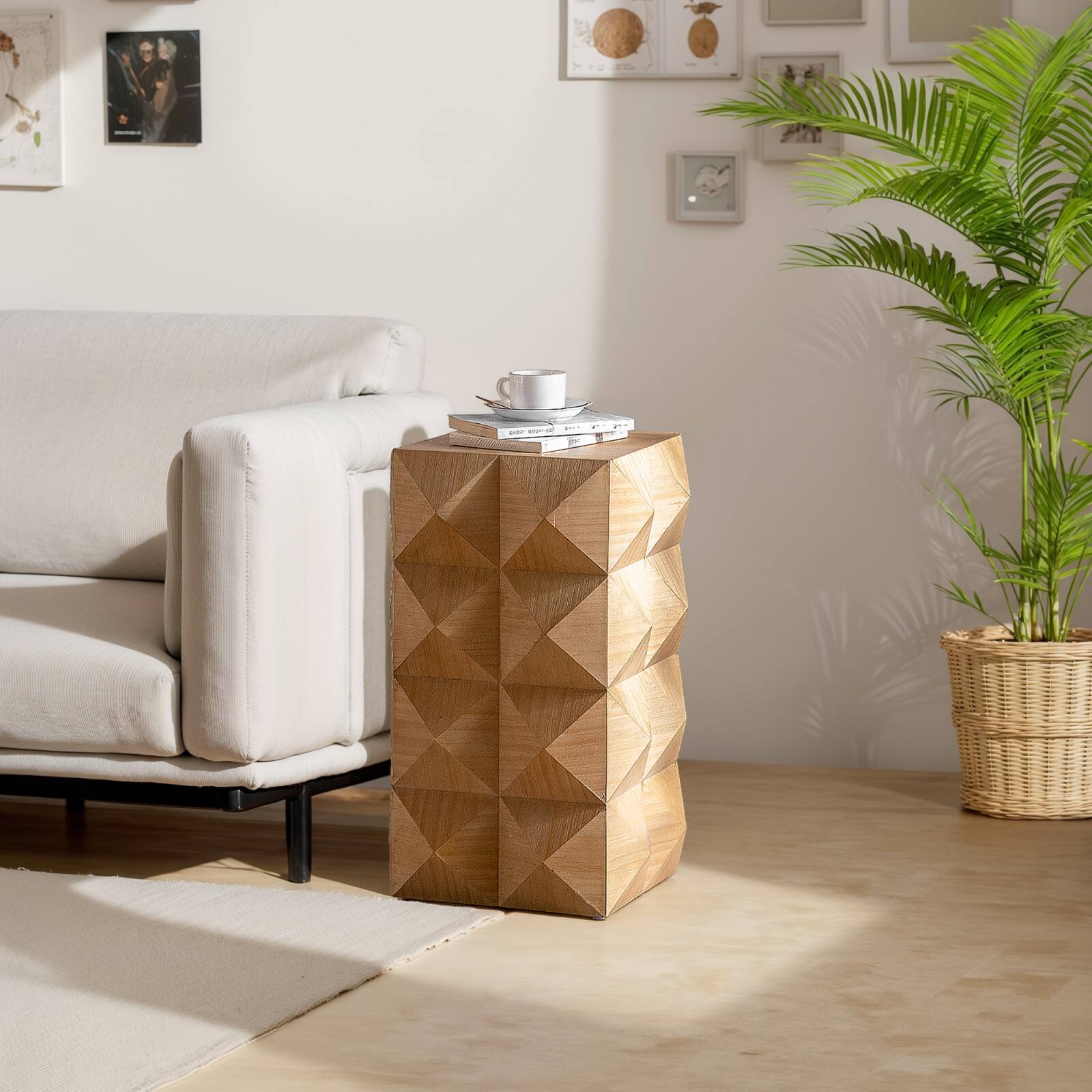Alt View 8. Ecooso - 23.62"Height Three-dimensional Embossed Pattern Design Retro Side Table Retro Wooden Nightstand - Natural.