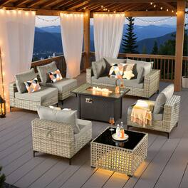 Ovios - 8 PCS Patio Furniture Sofa Set Sectional Couch with Coffee Table & 42" Fire Pit Table for Yard - Dark Gray