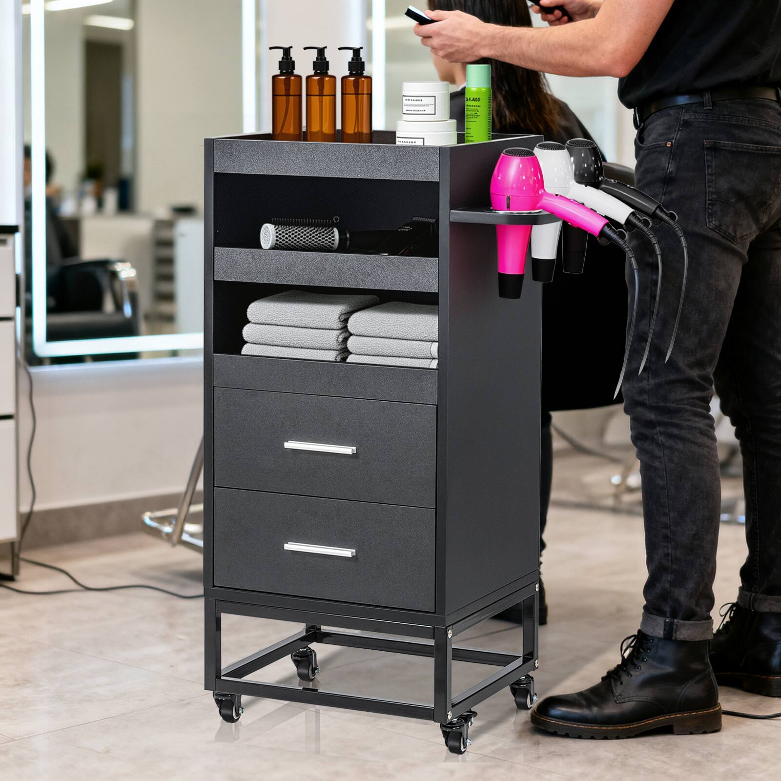Angle. Winado - Beauty Salon Trolley Cart, Rolling Hair Cart with Lockable Wheels, 2 Drawers, Ergonomic Handle - Black.