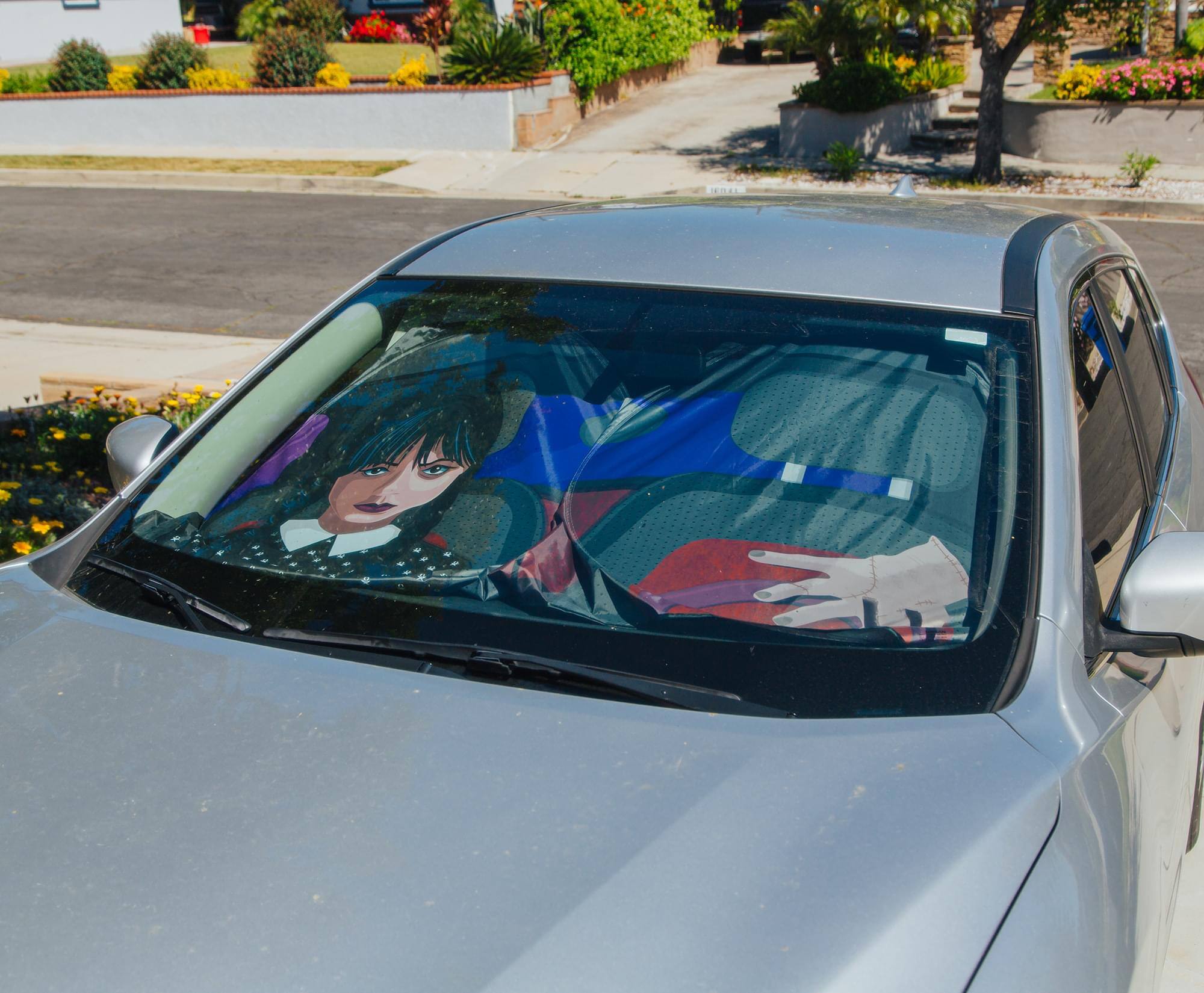 Alt View 4. Surreal Entertainment - Addams Family Wednesday And Thing Sunshade For Car Windshield | 64 x 32 Inches - Black/White.