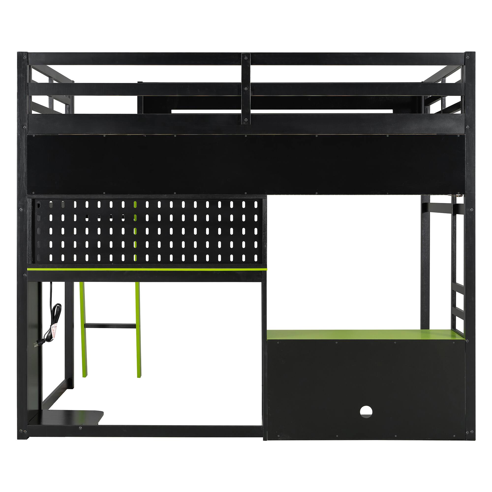 Alt View 1. AENKYO - Space-Saving Noise-Free Toddler Loft Bed with Desk, LED & Pegboard - Green.