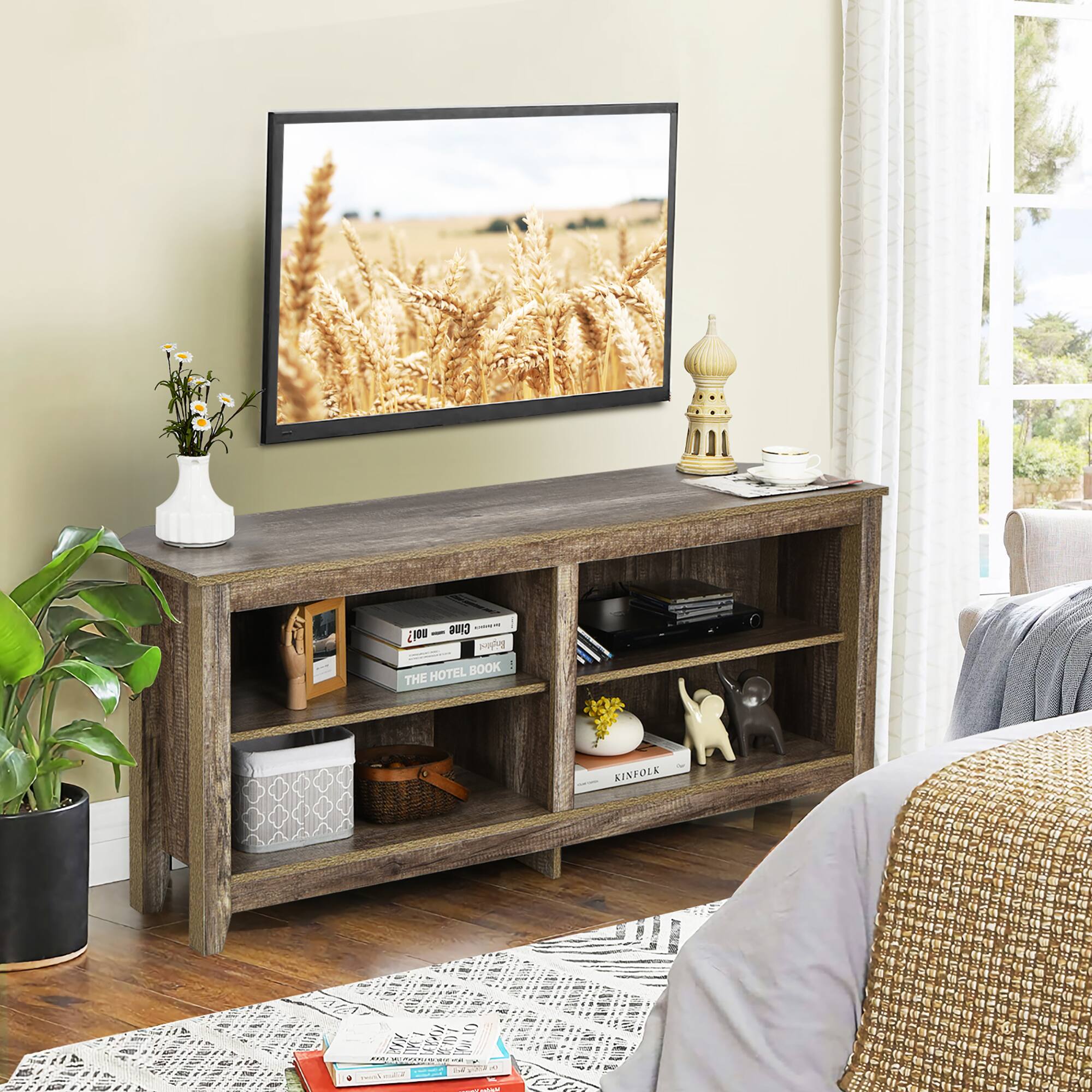 I'm not sure what you're asking for, but the image shows a living room with a wooden TV stand, a flat screen TV, and a potted plant. There are also books and a vase in the room.