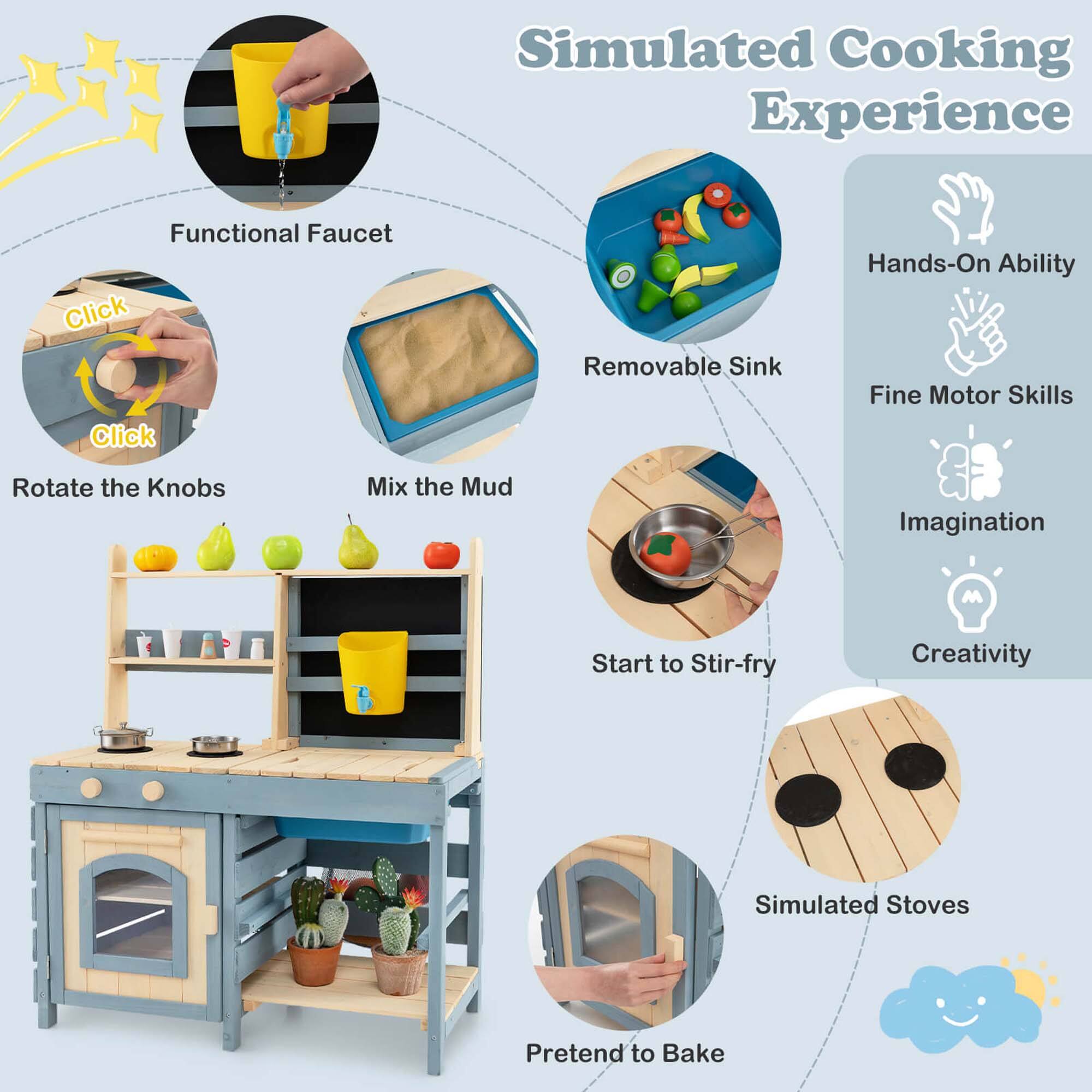 Simulated Cooking Experience

- Functional Faucet
- Click Click
- Rotate the Knobs
- Mix the Mud
- Removable Sink
- Start to Stir-fry
- Simulated Stoves
- Pretend to Bake

Hands-On Ability
Fine Motor Skills
Imagination
Creativity