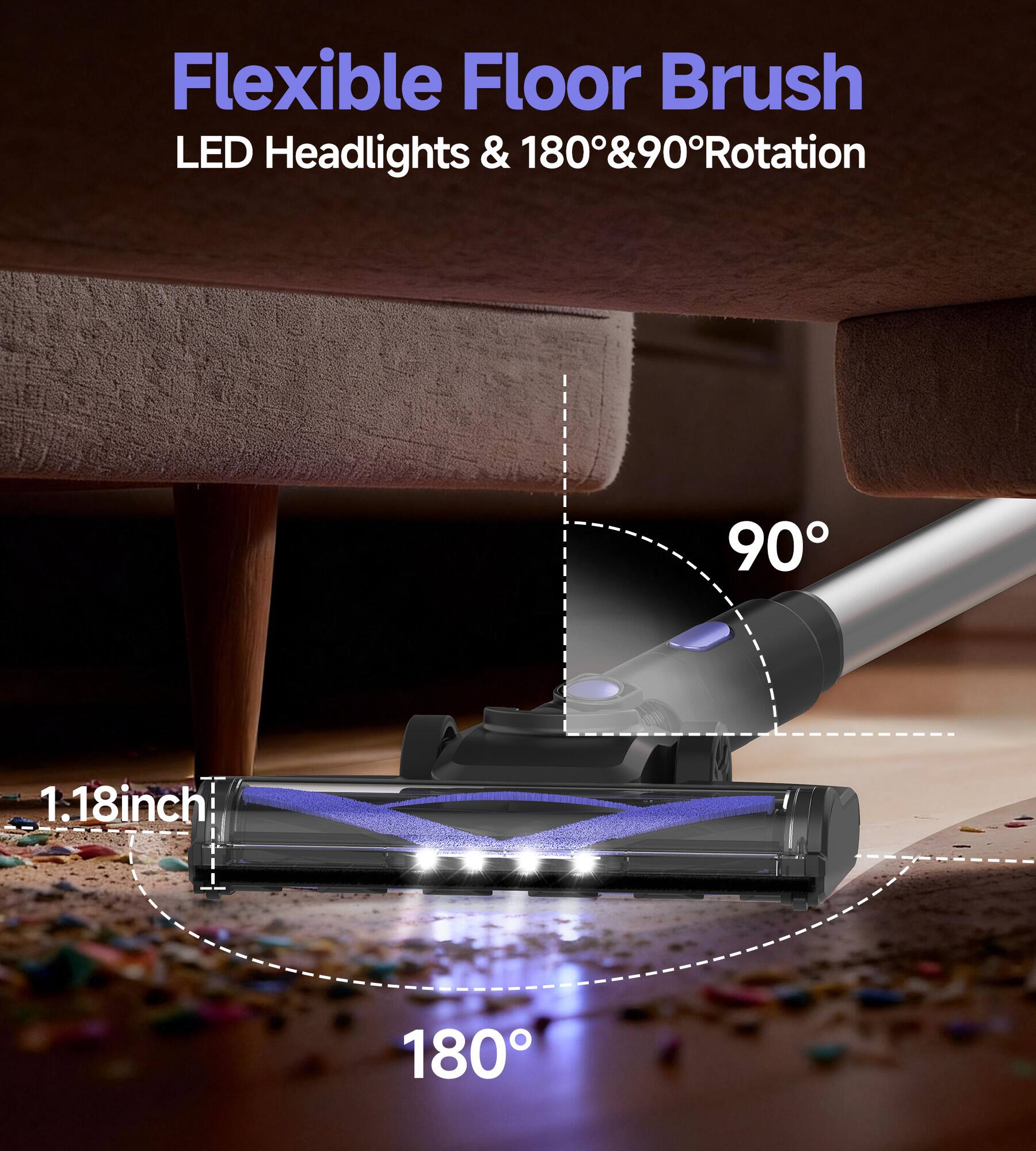 Flexible Floor Brush  
LED Headlights & 180° & 90° Rotation  
1.18 inch