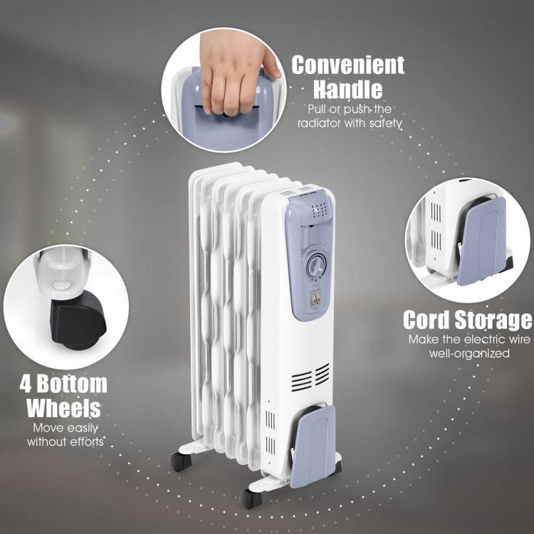 Convenient Handle  
- Pull or push the radiator with safety.

4 Bottom Wheels  
- Move easily without efforts.

Cord Storage  
- Make the electric wire well-organized