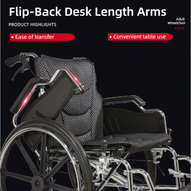 Flip-Back Desk Length Arms  
Adult Wheelchair  

PRODUCT HIGHLIGHTS  
- Ease of transfer  
- Convenient table use