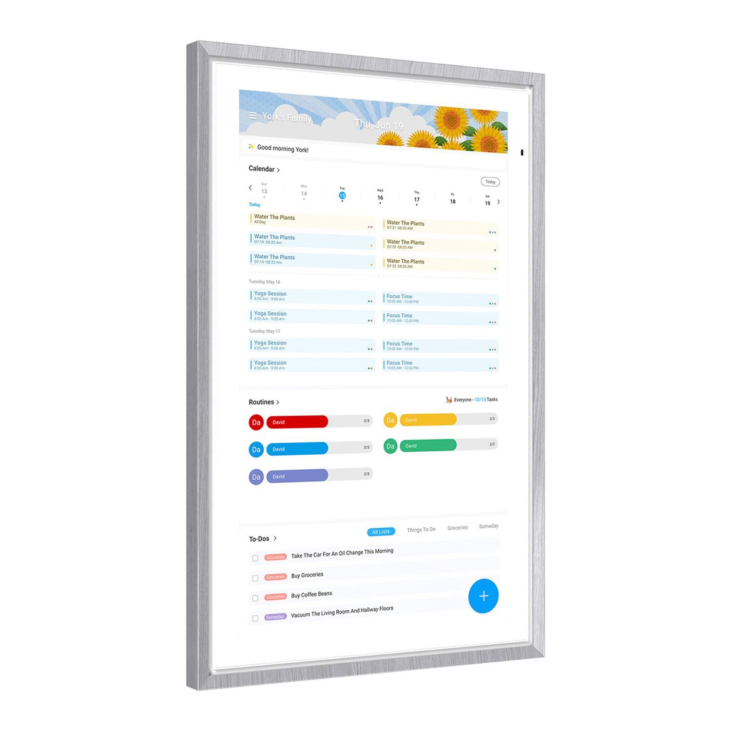 Yorks Family  
Thur Jun 1  
Good morning York!  

Calendar  
- Today: 14  
- Water The Plants  
- Water The Plants  
- Water The Plants  
- Yoga Session  
- Yoga Session  
- Yoga Session  
- Yoga Session  

Routines  
- David  
- David  
- David  

To-Dos  
- [x] Take The Car For An Oil Change  
- [x] Buy Groceries  
- [x] Buy Coffee Beans  
- [x] Vacuum The Living Room And Hallway Floors