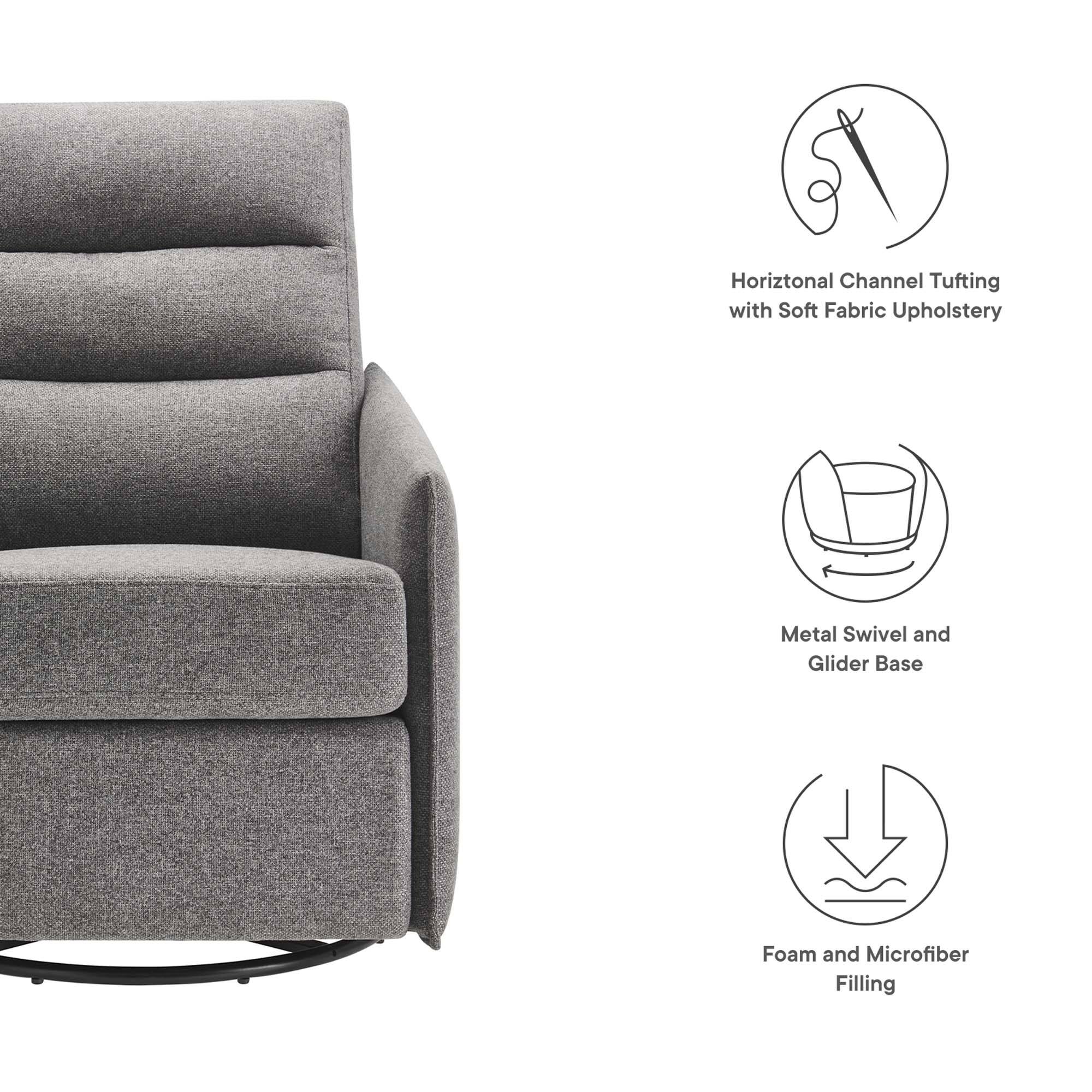 - Horizontal Channel Tufting with Soft Fabric Upholstery
- Metal Swivel and Glider Base
- Foam and Microfiber Filling