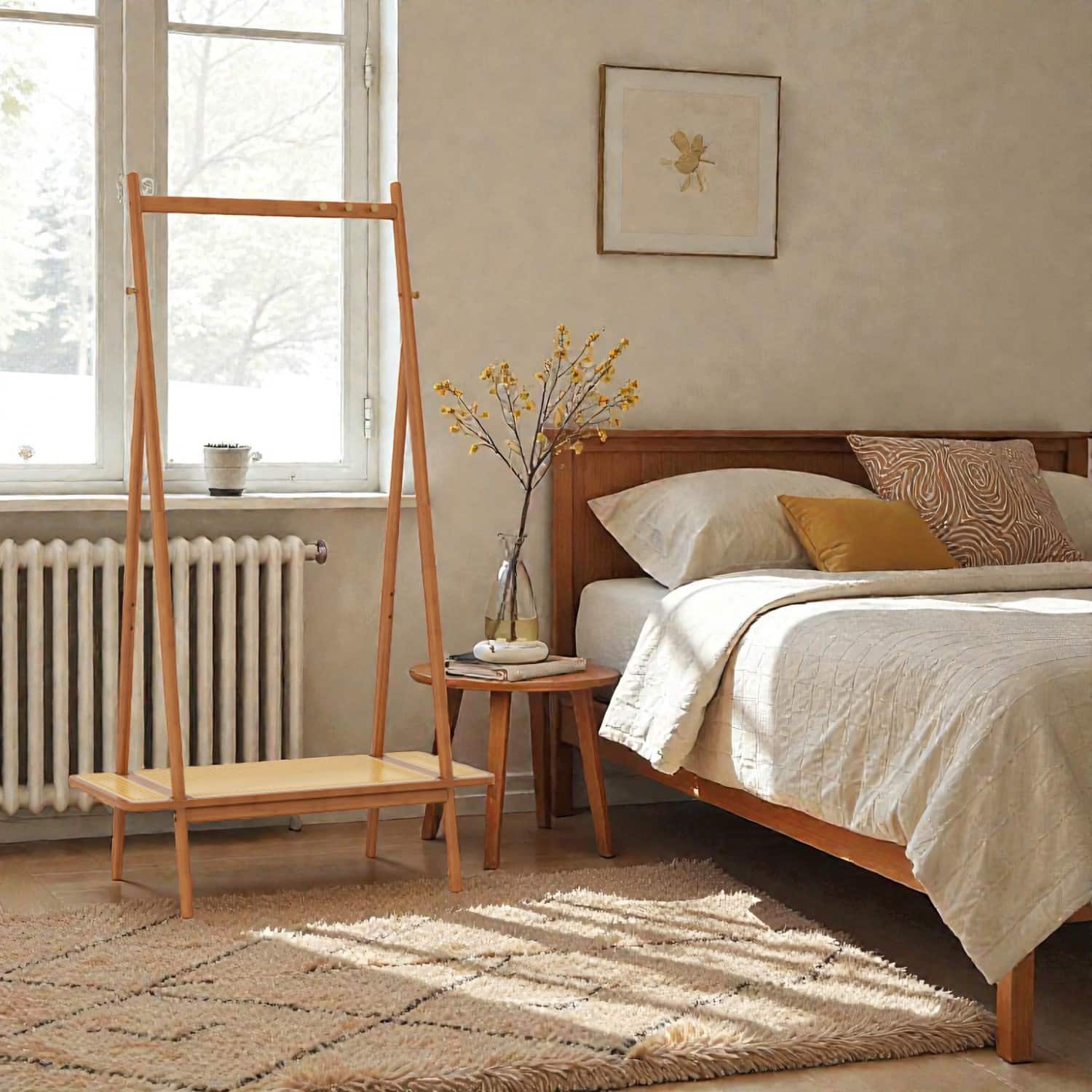 Hivvago - Bamboo Garment Organizer with Hanging Bar, Rattan Shelf, and Durable Copper Hooks - Brown