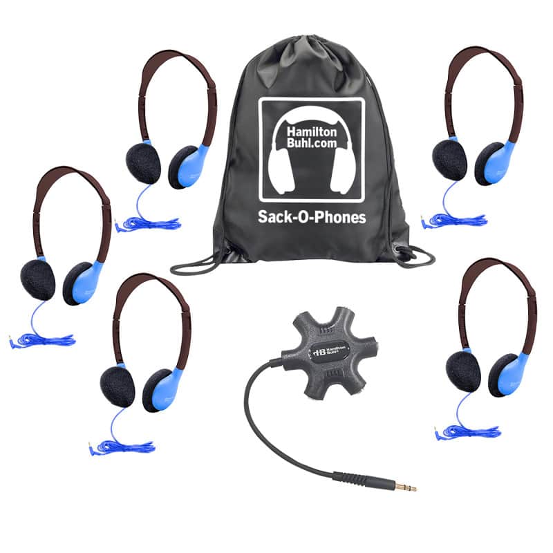 HamiltonBuhl - Galaxy Econo-Line of Sack-O-Phones with 5 Blue Personal-Sized Headphones, Starfish Jackbox and Carry Bag