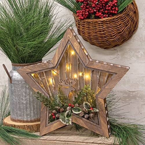Angle. BreeBe - Wooden LED Star Cutout w/Moose & Holly 19" - Brown.