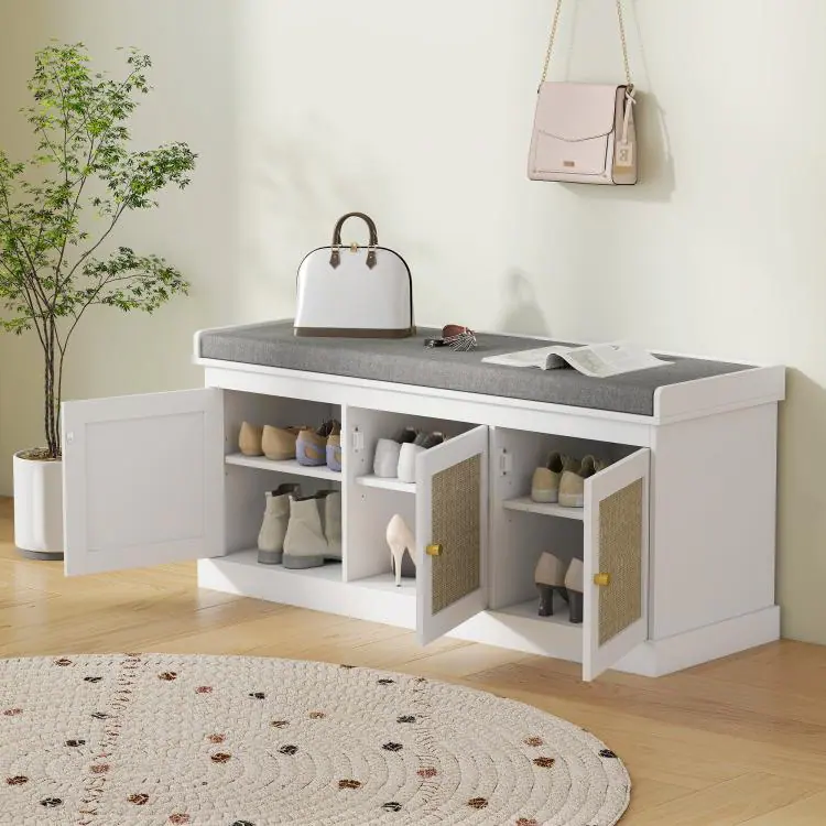 White Entry Bench PULUZ Shoe Storage Bench with Woven Rattan Doors, Shoe Bench with ...