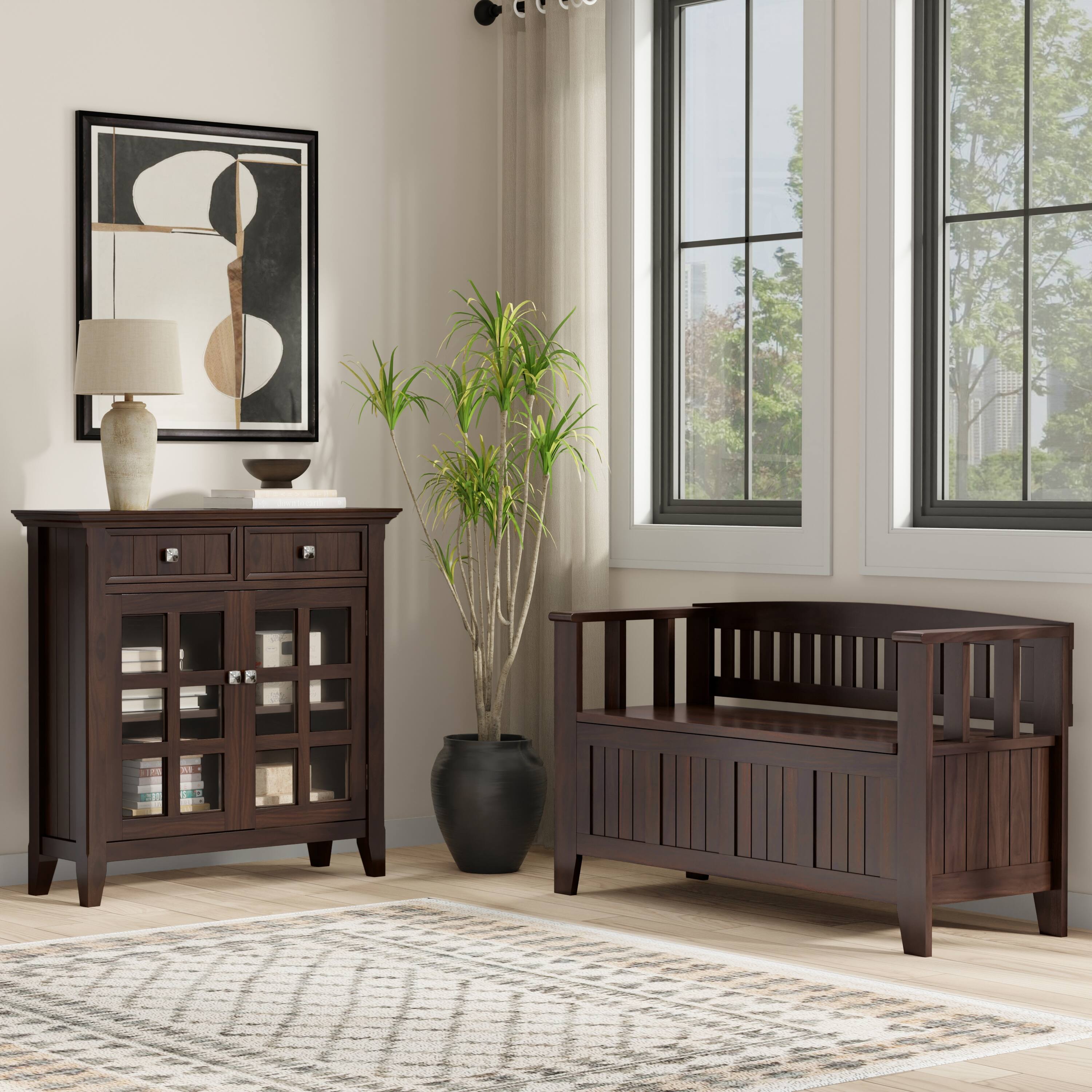 Angle. Simpli Home - Acadian Solid Wood 48 inch Wide Storage Bench and 36 inch Wide Storage Cabinet in Brunette Brown - Brunette Brown.