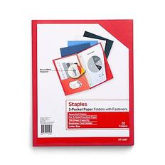 Staples
2-Pocket Paper Folders with Fasteners
Assorted Colors
For 3-Hole Punched Paper
100-Sheet Capacity
Business Card Holder
10 Letter Size Folders
ST13367