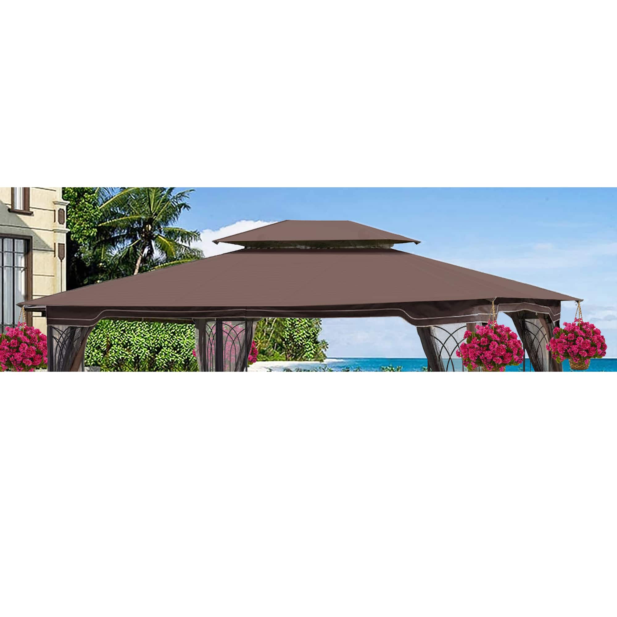 APRILSOUL - 13x10 Ft Patio Double Roof Gazebo Replacement Canopy Top Fabric Brown