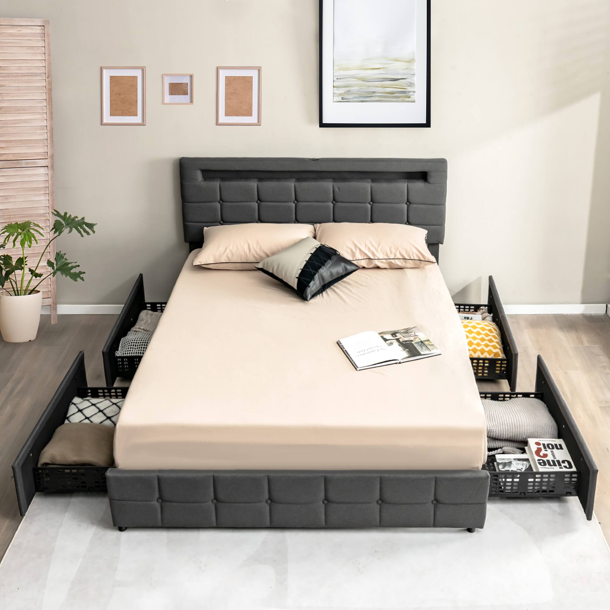 Alt View 2. Costway - Costway Upholstered Queen LED Lights Bed Headboard Drawers Solid Wooden Slat Platform - Gray.
