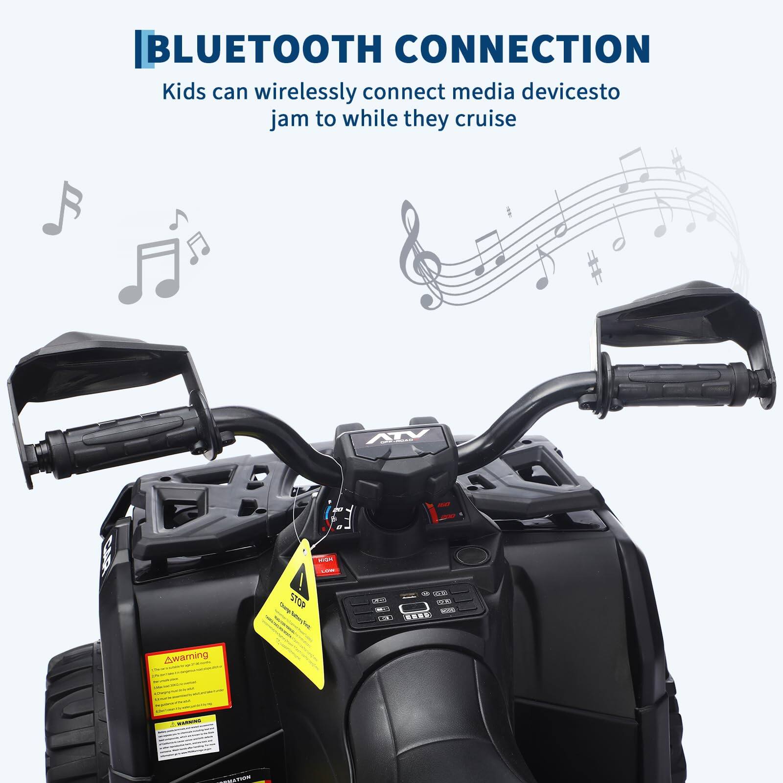 **BLUETOOTH CONNECTION**

Kids can wirelessly connect media devices to jam to while they cruise

---

**Warning**

---

**STOP**

---

**WARNING**