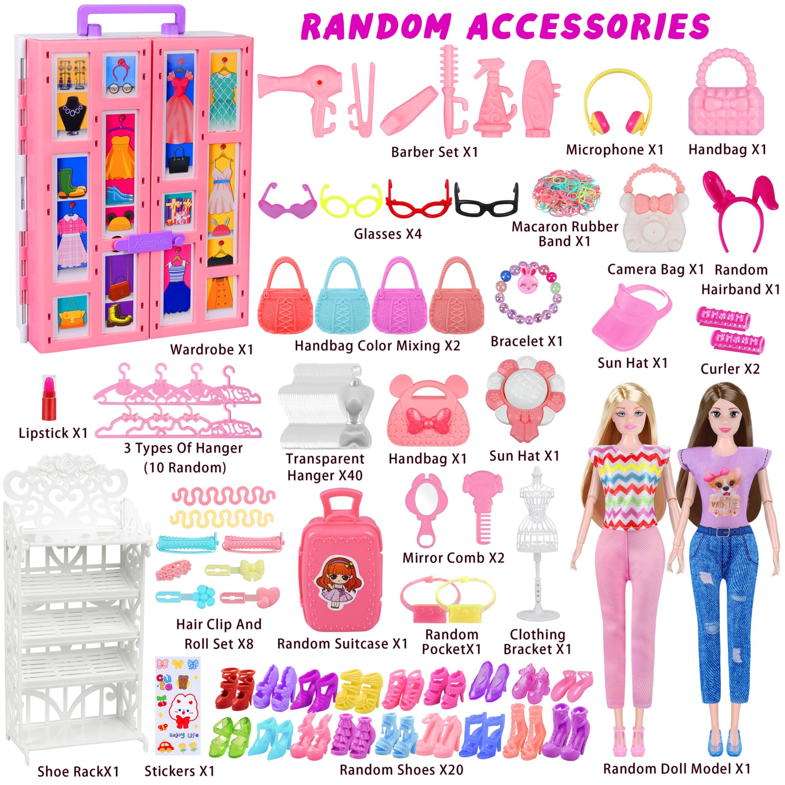 Sure, here is the corrected and grouped text from the image:

**RANDOM ACCESSORIES**

- Barber Set X1
- Microphone X1
- Handbag X1
- Koron Glasses X4
- Macaron Rubber Band X1
- Camera Bag X1
- Random Hairband X1
- Wardrobe X1
- Handbag Color Mixing X2
- Bracelet X1
- Sun Hat X1
- H H O.ON Curler X2
- Lipstick X1
- 3 Types Of Hanger (10 Random)
- Transparent Handbag X1
- Hanger X40
- Sun Hat X1
- Mirror Comb X2
- Hair Clip And Random Clothing Roll Set X8
- Random Suitcase X1
- Pocket X1
- Bracket X1
- 1 Le Shoe Rack X1
- Stickers X1
- Random Shoes X20
- Random Doll Model X1