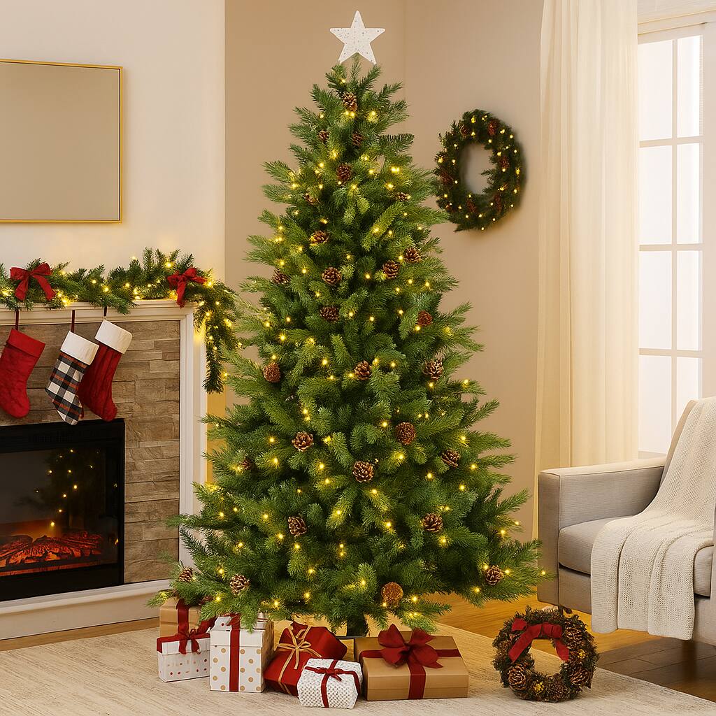 Angle. BreeBe - 6/7 FT Artificial Tree with Pine Cones & Adjustable Light Brightness - Green.