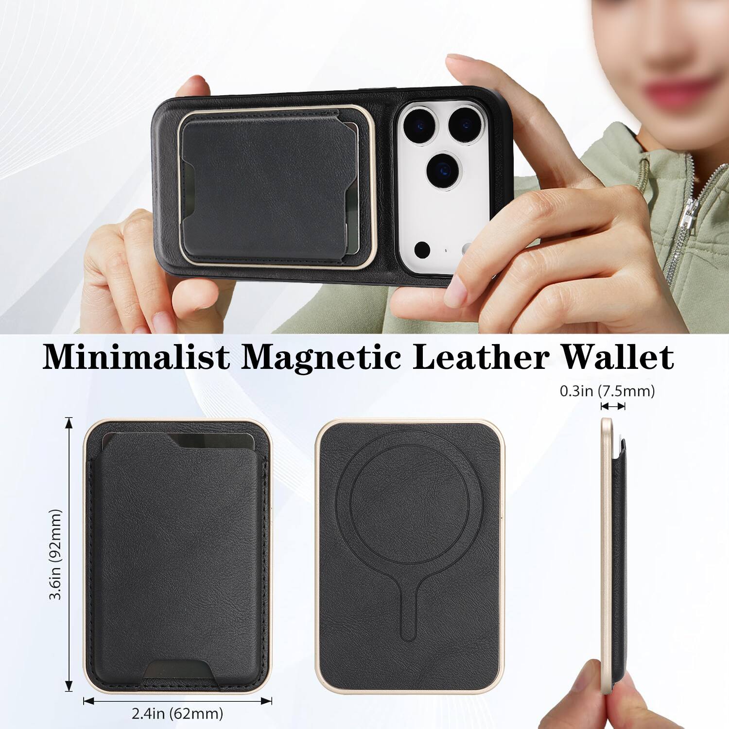 Minimalist Magnetic Leather Wallet  
0.3in (7.5mm)  
3.6in (92mm)  
2.4in (62mm)